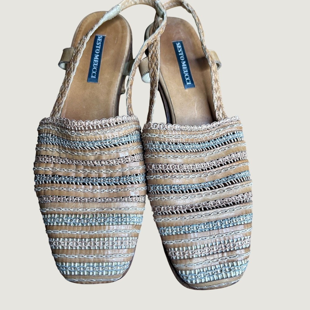 Sesto Meucci Woven Square Toe Flats wmn 8.5M Leather vintage Slingback boho